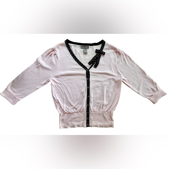 Designers Originals blush pink black button-down cardigan sweater polka dots bow - Picture 2 of 11